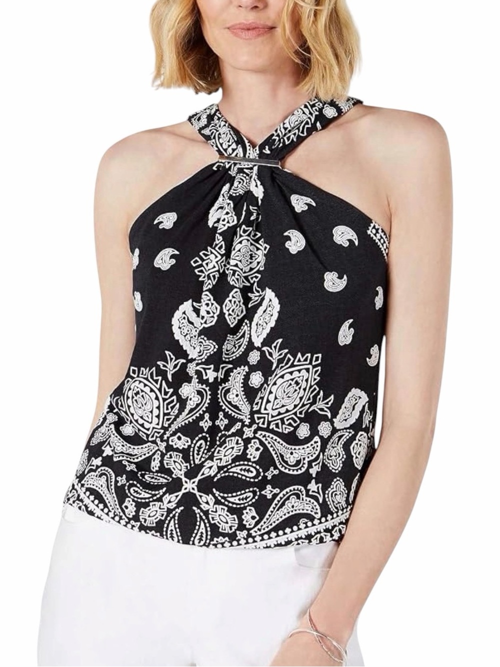 INC Black and White Paisley Halter Blouse